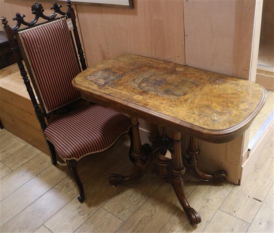 A Victorian marquetry inlaid walnut card table and a rosewood prie dieu chair Card table W.98cm